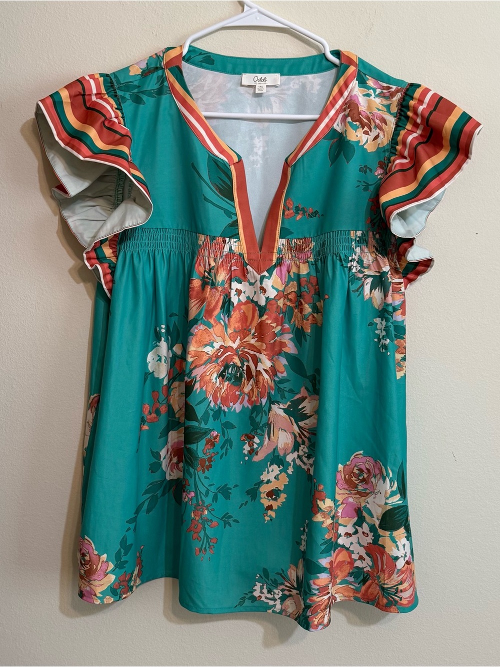 Oddi Teal Floral V-Neck Flutter Sleeve Tunic  Top size 1XL